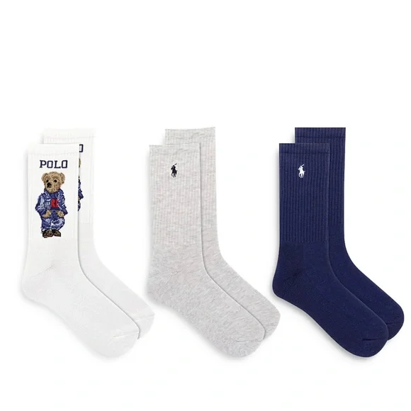 NWT Ralph Lauren Polo Americana Sport Bear Crew Socks, Set of 3 Teddy Bear - Picture 2 of 5